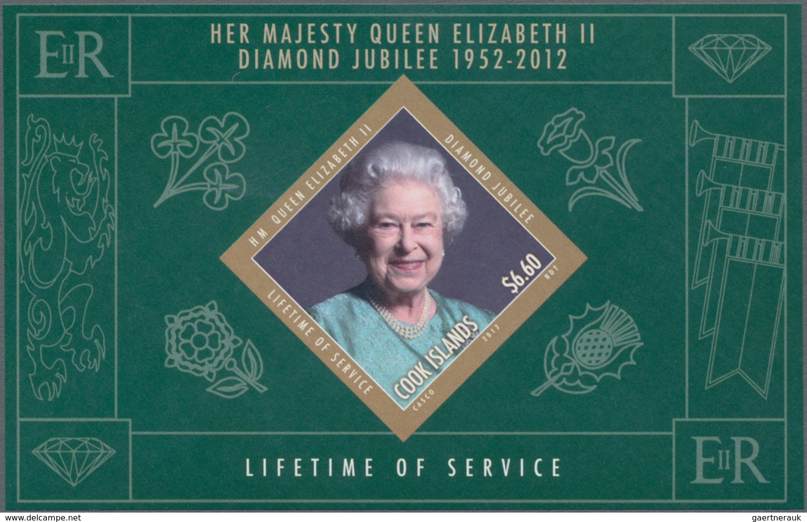 Cook-Inseln: 2012, Diamond Jubilee Of QEII IMPERFORATE Special Sheetlet With Six Stamps And Three Pr - Cookeilanden