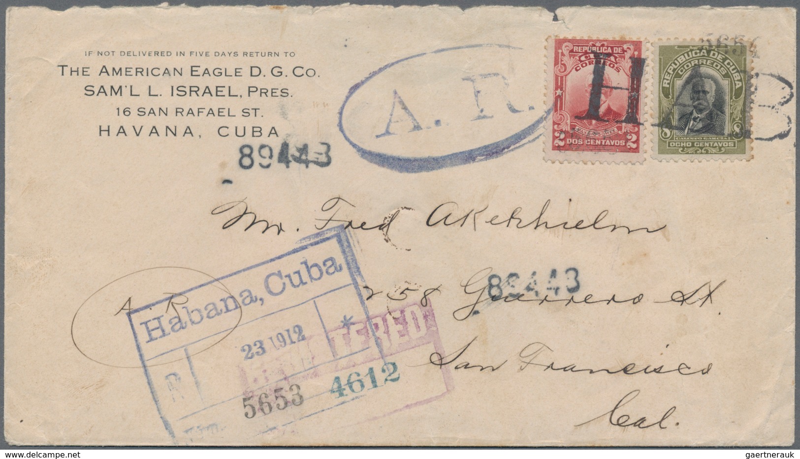 Cuba: 1912/1920, Two Registered Avis De Reception Letters From Havanna To San Francisco Resp. New Yo - Andere & Zonder Classificatie