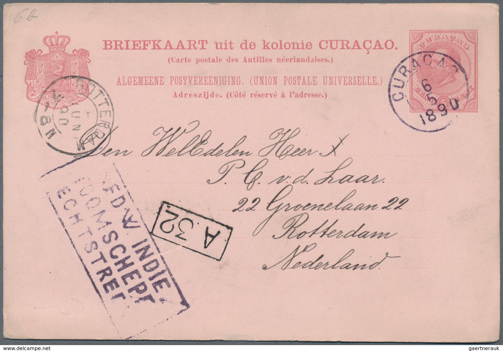 Curacao: 1890/91, Stationery Reply Card 5 C. (answer Card Unused) Sent From "CURACAO 10 1 1891" Via - Niederländische Antillen, Curaçao, Aruba