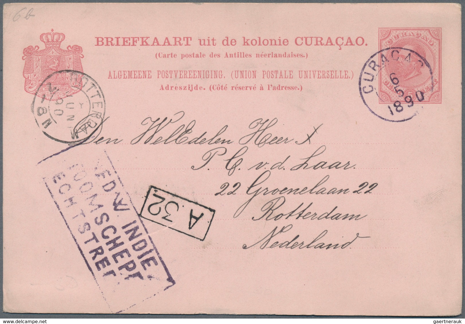 Curacao: 1890/91, Stationery Reply Card 5 C. (answer Card Unused) Sent From "CURACAO 10 1 1891" Via - Curaçao, Nederlandse Antillen, Aruba