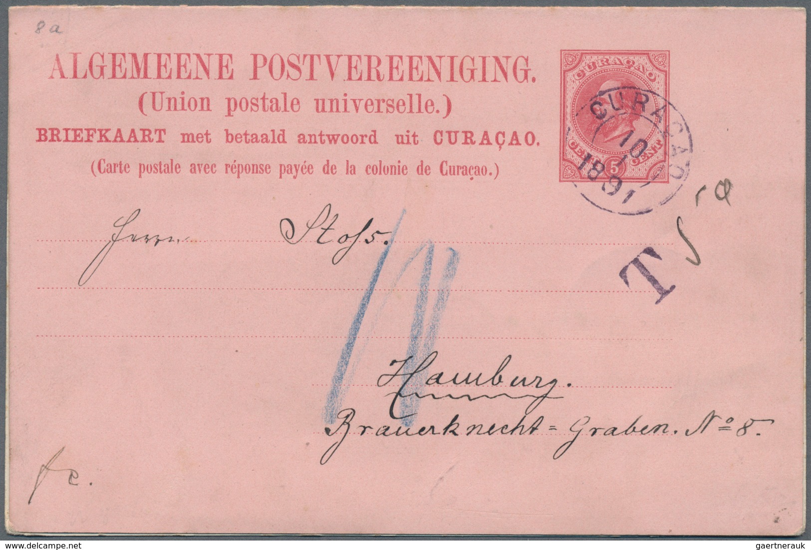 Curacao: 1890/91, Stationery Reply Card 5 C. (answer Card Unused) Sent From "CURACAO 10 1 1891" Via - Niederländische Antillen, Curaçao, Aruba