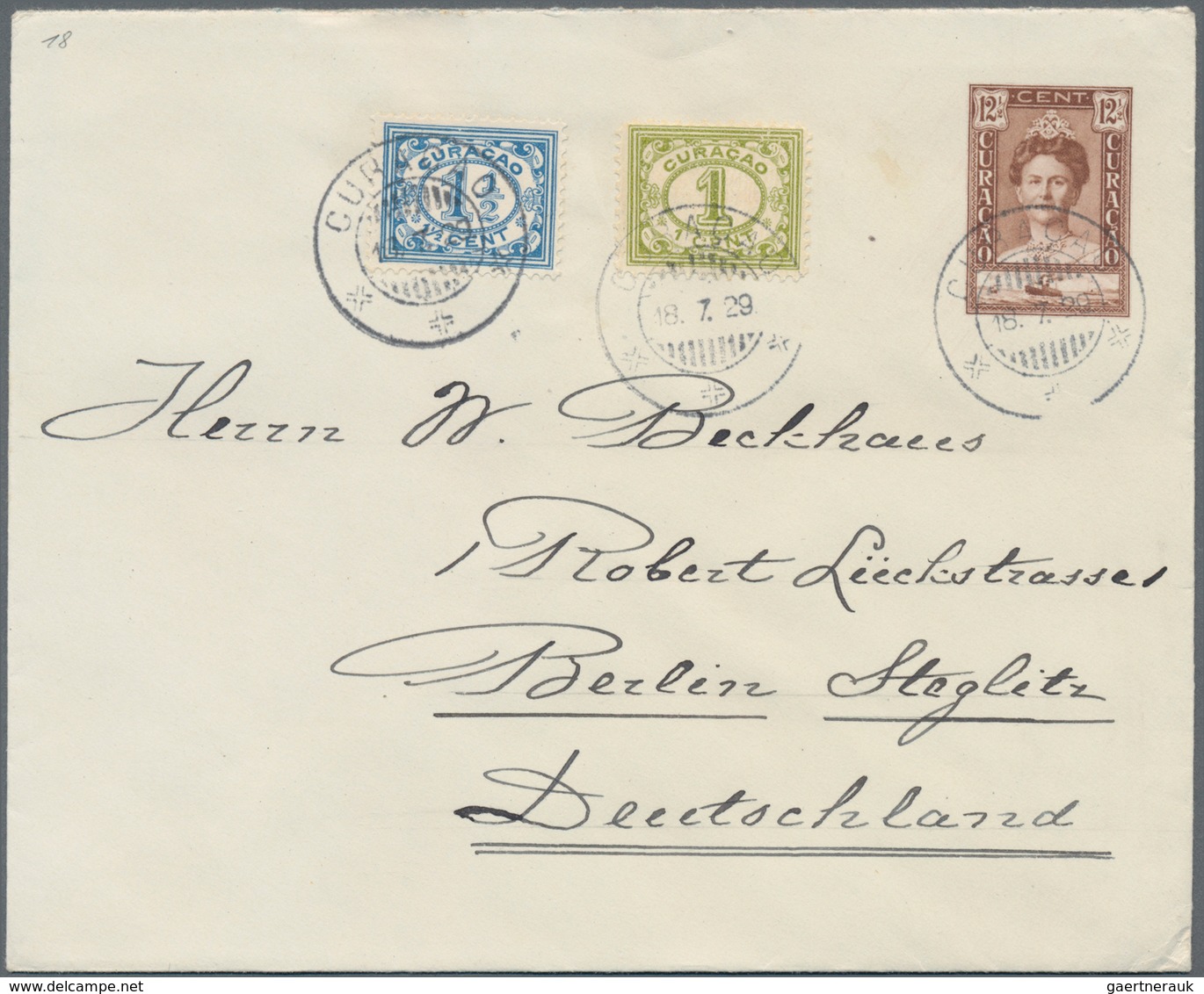 Curacao: 1929, Two Stationery Envelopes: 12½ C Brown Uprated 1 C And 1½ C And 15 C Deep-blue Both Se - Curaçao, Nederlandse Antillen, Aruba