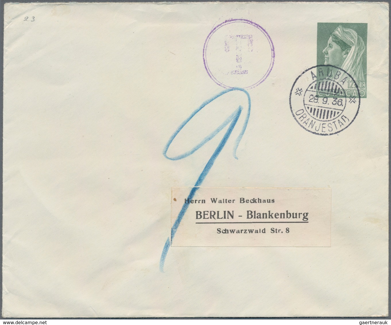Curacao: 1936, Two Stationery Envelopes: 12½ C Green And 15 C Blue Both Sent From "ARUBA 28.9.36" To - Niederländische Antillen, Curaçao, Aruba