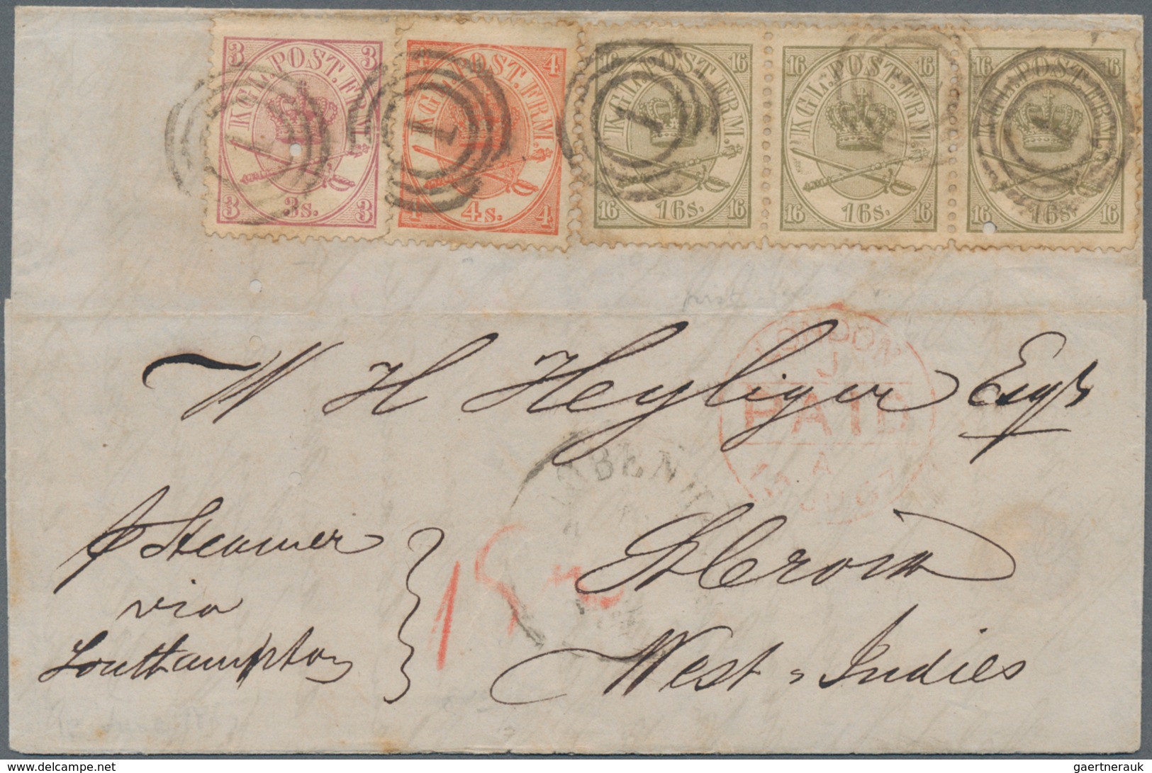 Dänisch-Westindien: 1867 Cover From Copenhagen To St. Croix, Danish West Indies 'Pr Steamer Via Sout - Dänische Antillen (Westindien)