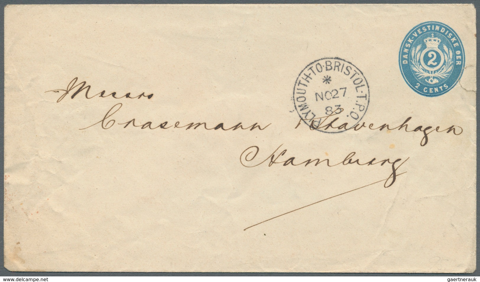 Dänisch-Westindien: 1883, 2 C Blue Postal Stationery Envelope (small Faults/tear), Addressed To The - Danemark (Antilles)