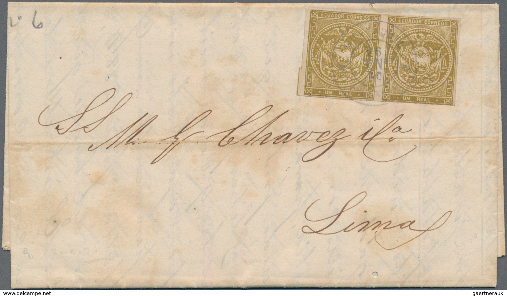 Ecuador: 1875 1r. Olive-bistre Horizontal Pair Used On Entire From Guayaquil To Lima (Peru) In 1870, - Ecuador