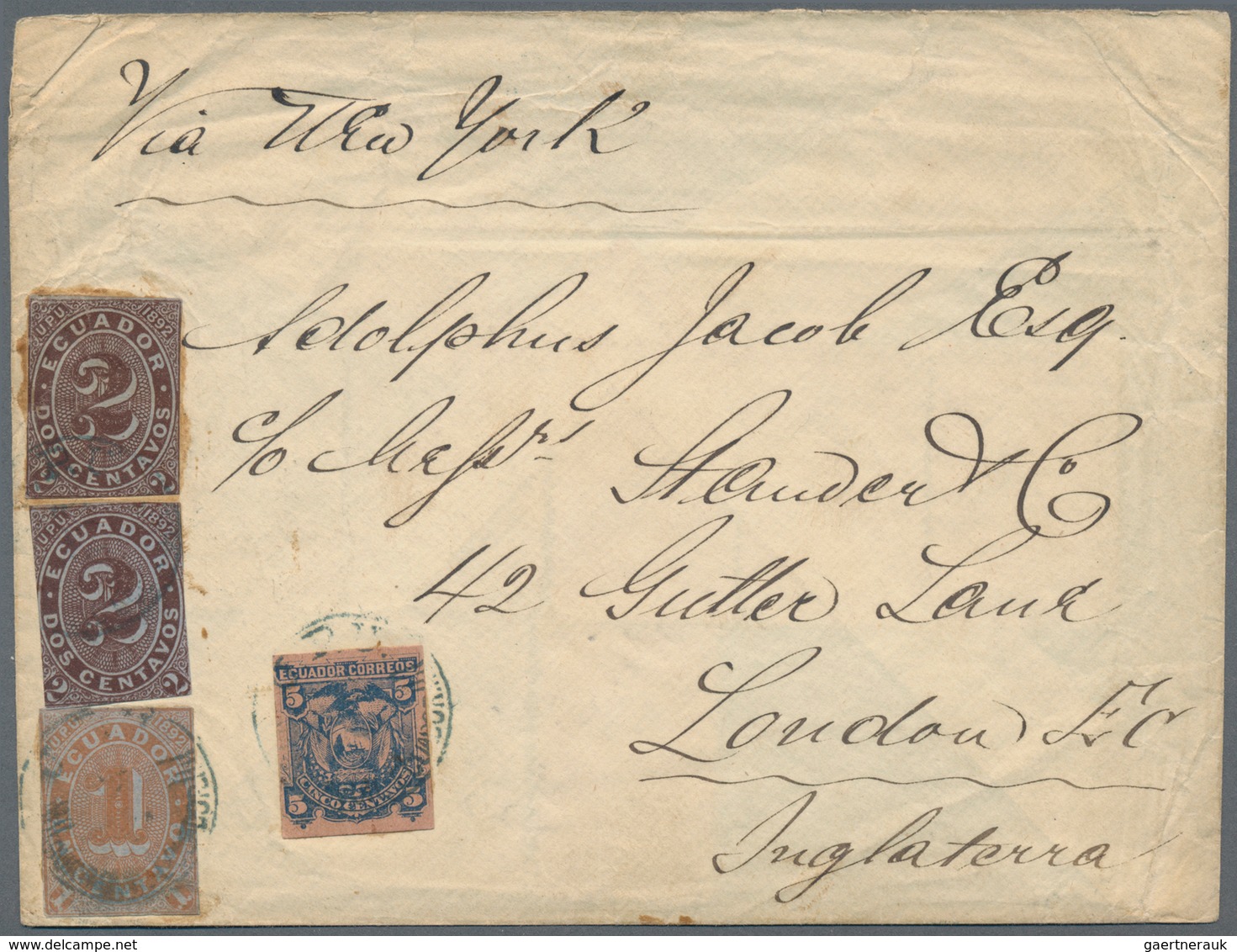 Ecuador: 1893: Unusual Cover To London Franked On Front By Postal Stationery Wrapper Cut-outs Of 1 C - Ecuador