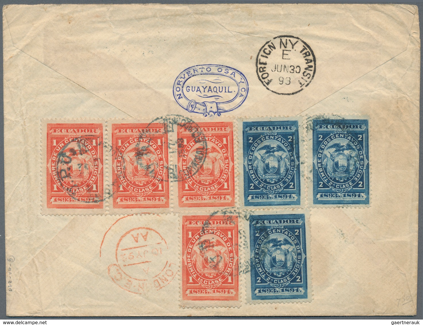 Ecuador: 1893: Unusual Cover To London Franked On Front By Postal Stationery Wrapper Cut-outs Of 1 C - Ecuador