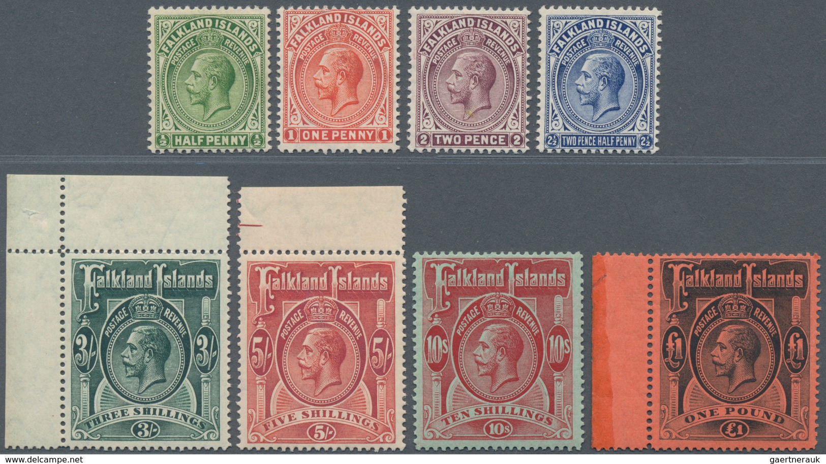 Falklandinseln: 1912/1914, KGV Definitives Part Set Of Eight Incl. ½d. To 2½d. And The Four High Den - Falklandinseln