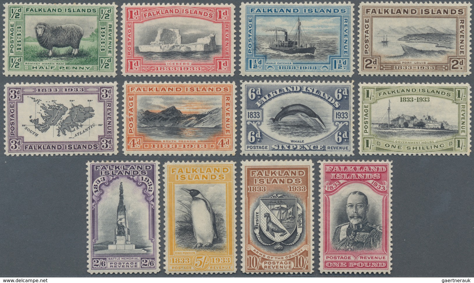 Falklandinseln: 1933, Centenary Of British Administration, ½d.-£1, Complete Set Of Twelve Values, Fr - Falklandinseln