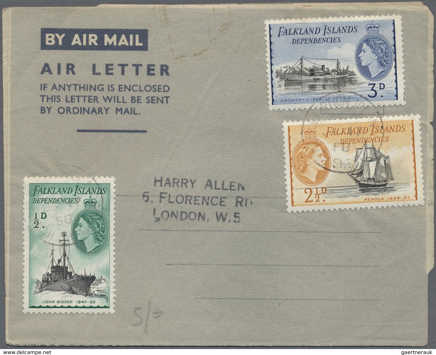 Falklandinseln: 1952/58, four air letters at 6d rate, franked KGVI (1) or QEII (3) on army form W301