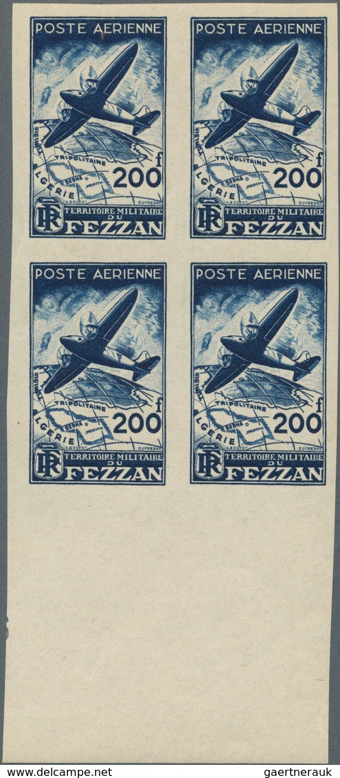 Fezzan: 1948, Imperf Air Mail Set Of Two Values In Margin Blocks Of Four, Mint Never Hinged, Fine An - Brieven En Documenten