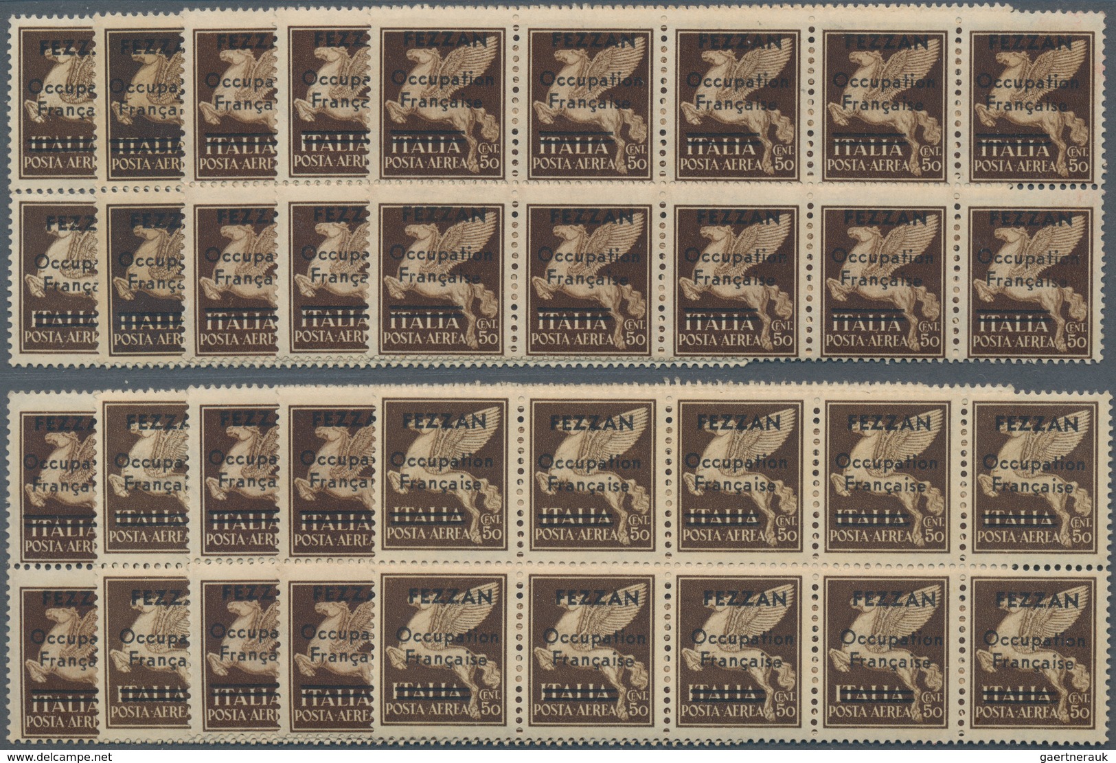 Fezzan - Portomarken: 1943, 0,50 Fr On 5 C Brown Overprint Stamps 10 Blocks Of Ten, Mint Never Hinge - Brieven En Documenten