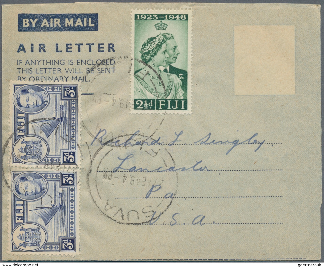 Fiji-Inseln: 1949 Commercially Used Aerogram With Dotted Address Lines 6d KG VI. From Suva/Fiji To L - Fiji (...-1970)