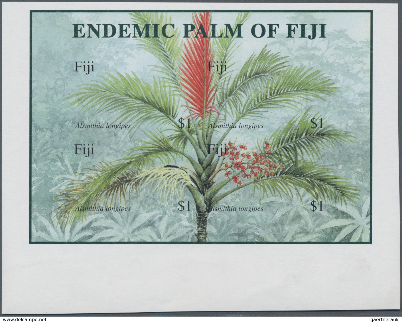 Fiji-Inseln: 2000, Endemic Palm Of Fiji IMPERFORATE Miniature Sheet With Wide Margins, Mint Never Hi - Fiji (...-1970)