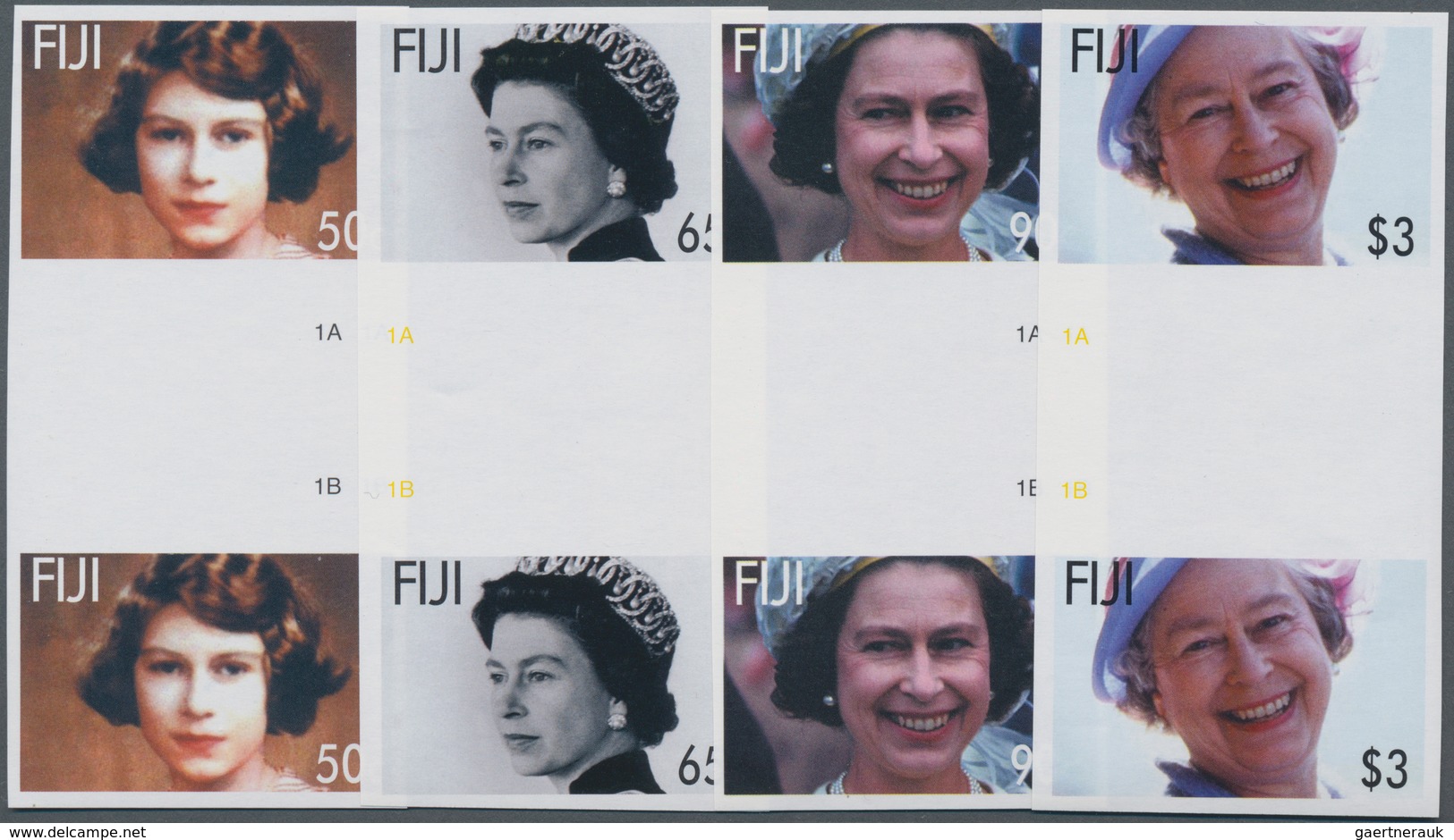 Fiji-Inseln: 2006, 80th Birthday Of QEII Complete Set Of Four In Vertical IMPERFORATE Gutter Pairs, - Fiji (...-1970)