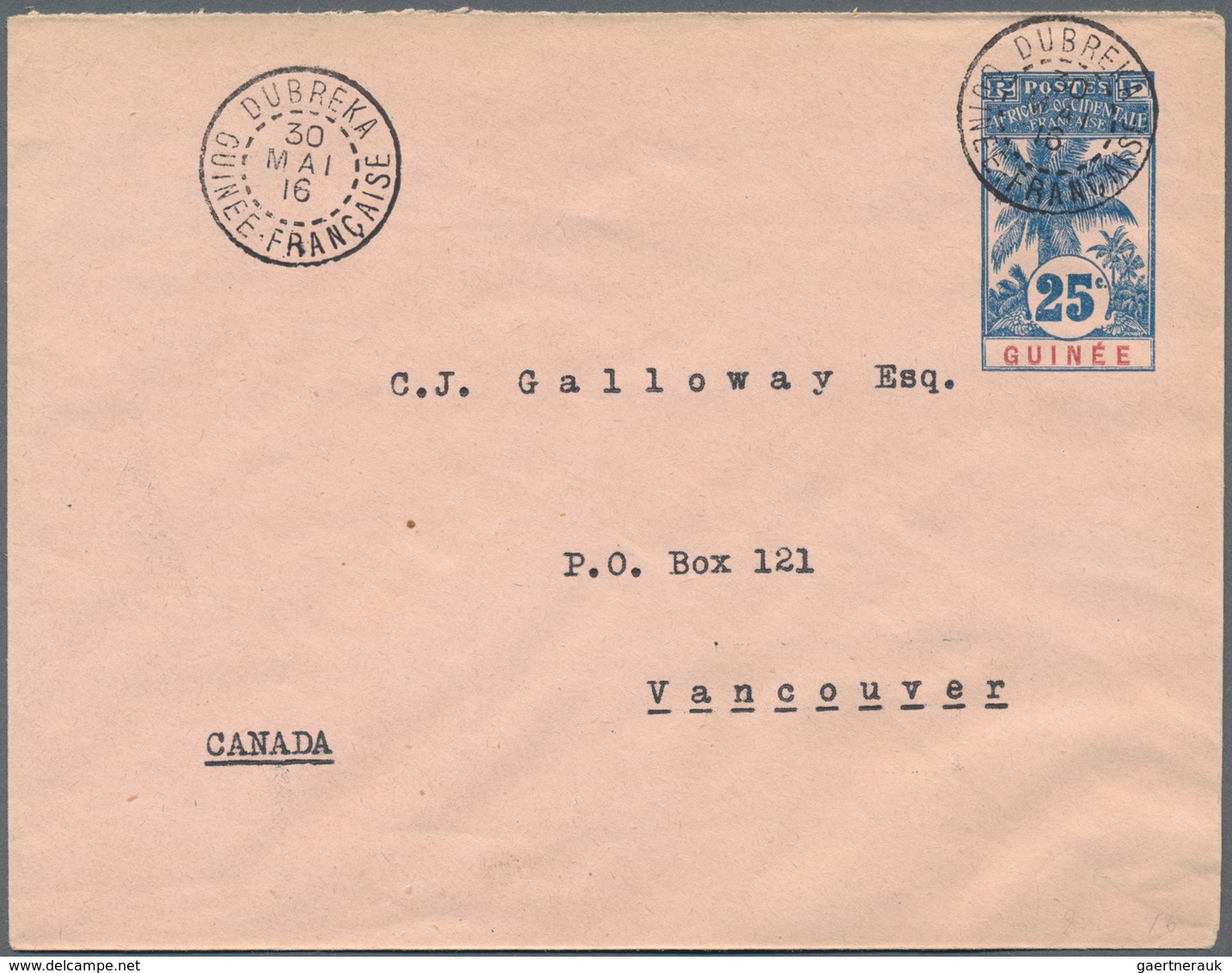 Französisch-Guinea: 1916 (30.5.), Stat. Envelope 25c. Blue/rose 'Palm Trees' Commercially Used From - Sonstige & Ohne Zuordnung