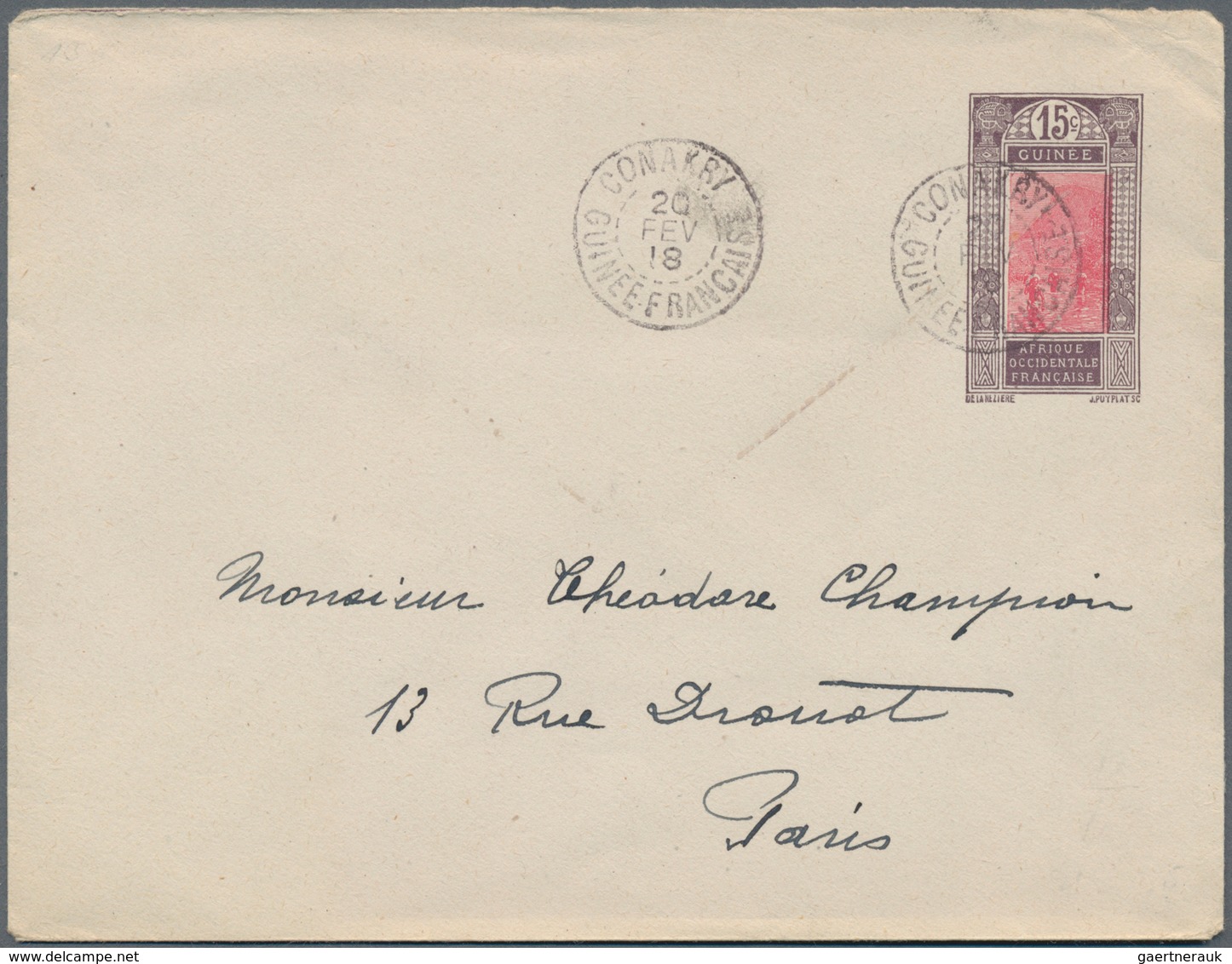 Französisch-Guinea: 1918 (20.2.), Stat. Envelope 15c. Violet/carmine 'Natives In River' Commercially - Other & Unclassified