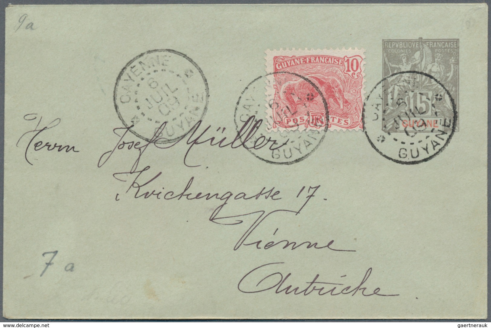 Französisch-Guyana: 1909, Stationery Envelope With Allegory 15 Cent. Uprated With 10 Centimes From C - Briefe U. Dokumente