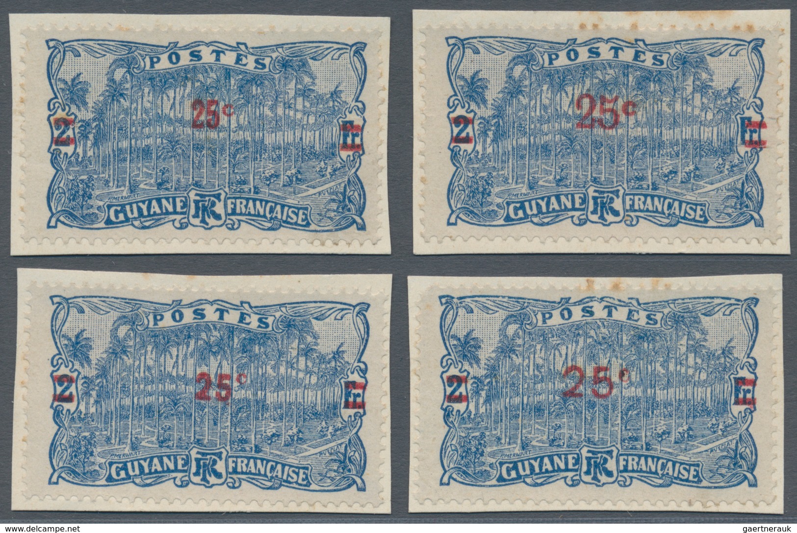 Französisch-Guyana: 1924, Revaluation Overprints, 25c. On 2fr. Blue, Four Different Essays Of Overpr - Briefe U. Dokumente