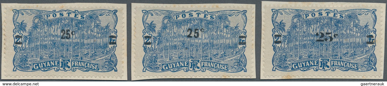Französisch-Guyana: 1924, Revaluation Overprints, 25c. On 2fr. Blue, Three Different Essays Of Overp - Brieven En Documenten