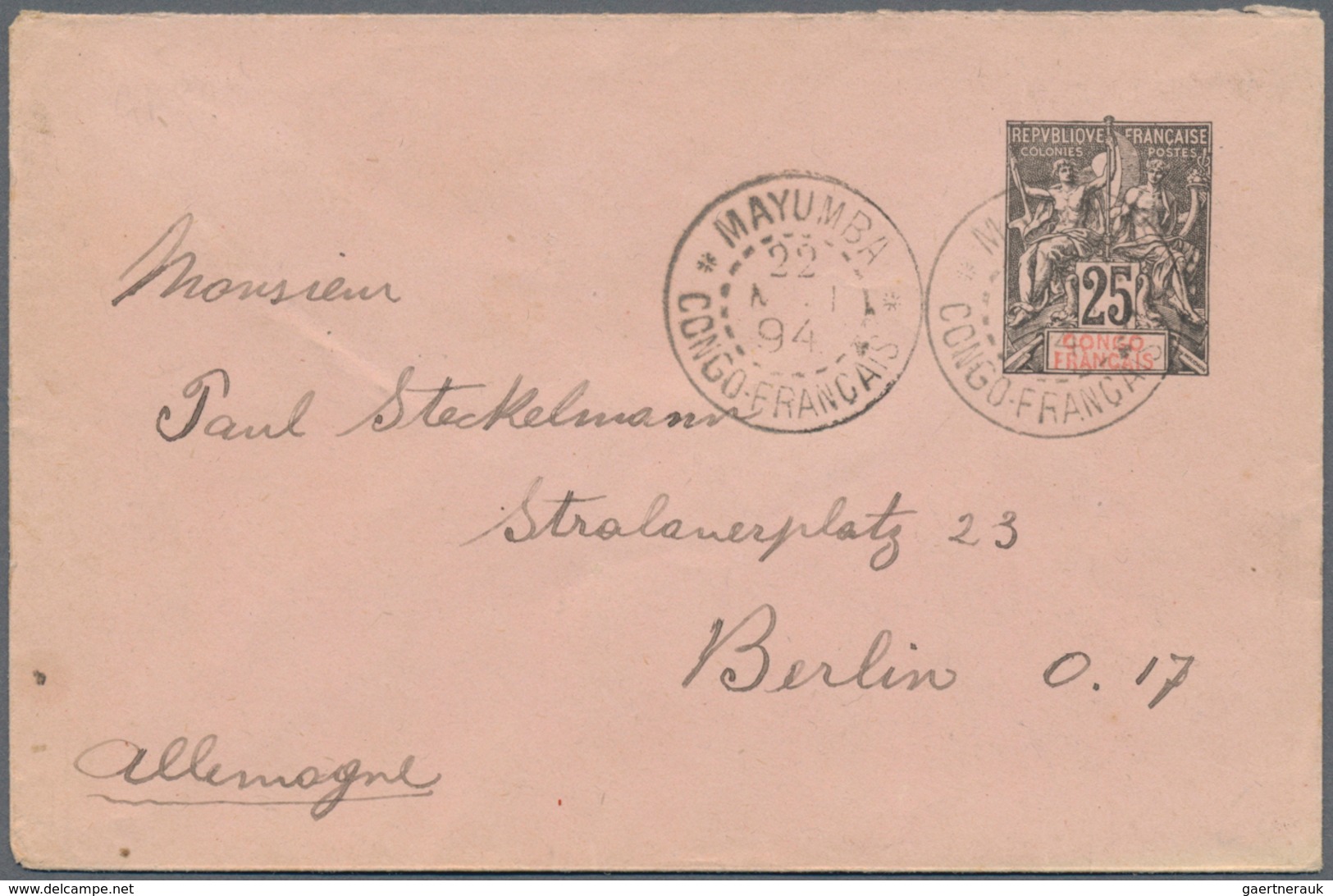 Französisch-Kongo: 1892 Postal Stationery Envelope Sent 1894 From Mayumba Via Libreville To Berlin - Andere & Zonder Classificatie