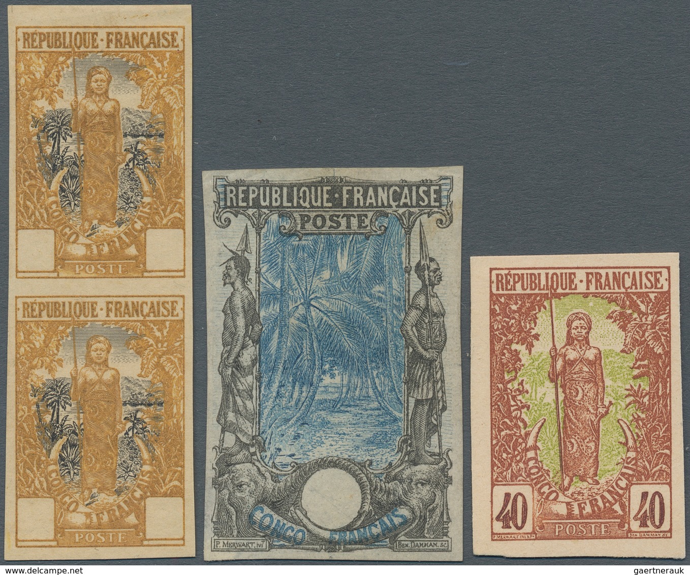 Französisch-Kongo: 1901/1907, Definitives "Pictorials", Group Of Four Imperforate Essays/proofs On U - Sonstige & Ohne Zuordnung