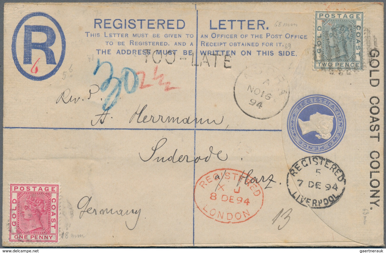 Goldküste: 1894 (16.11.), Registered Letter QV 2d. Ultramarine Uprated With QV 1d. Rose-carmine And - Gold Coast (...-1957)