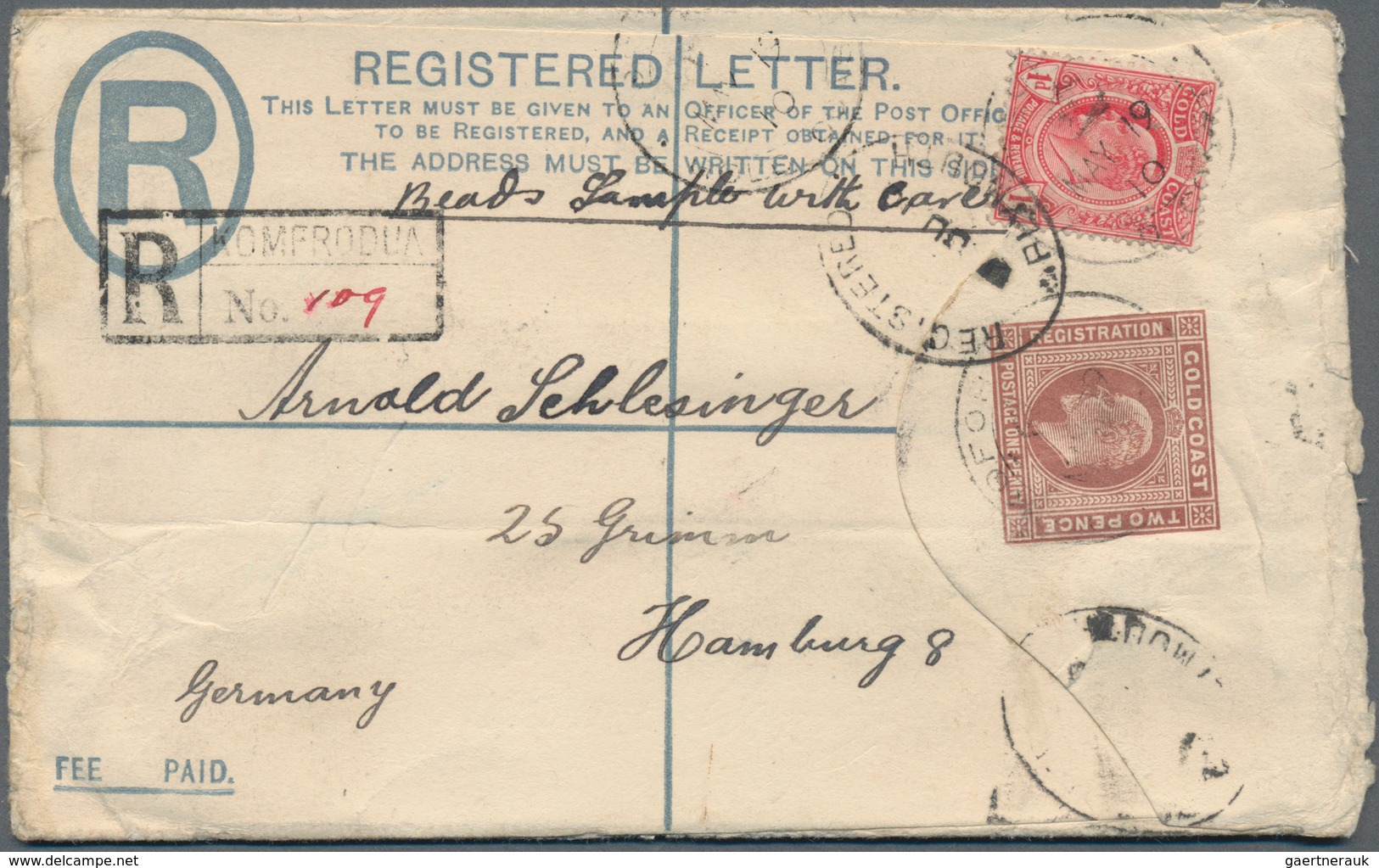 Goldküste: 1910 (19.5.), Registered Letter KEVII 2d.+1d. Brown Uprated With KEVII 1d. Red Used From - Gold Coast (...-1957)