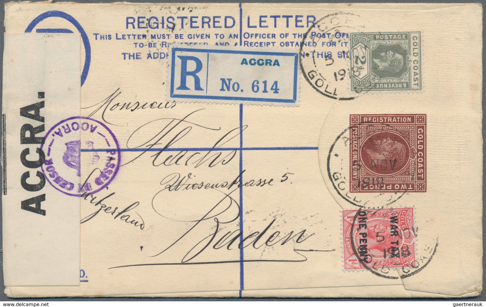 Goldküste: 1918 (5.11.), Registered Letter KGV 2d.+1d. Brown Uprated With KGV 2d. Grey And 1d. War T - Gold Coast (...-1957)