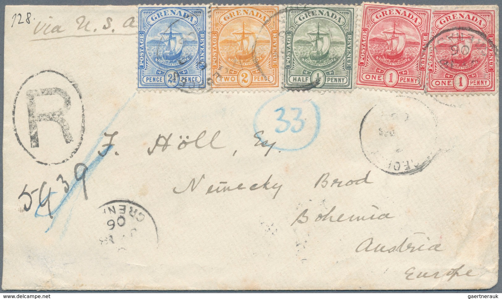 Grenada: 1906, Registered Letter With Four-colour Franking To Neureky Brod, Bohemia. Stamps With Som - Grenada (...-1974)