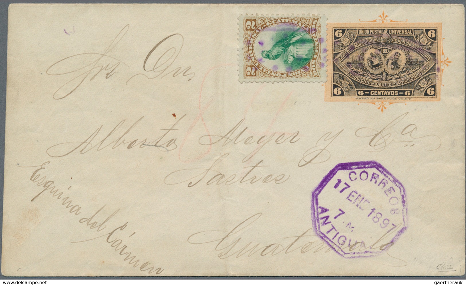 Guatemala: 1897, 2c. Brown/green Uprating A Stationery Envelope 6c. Black/salmon, Domestic Usage Fro - Guatemala
