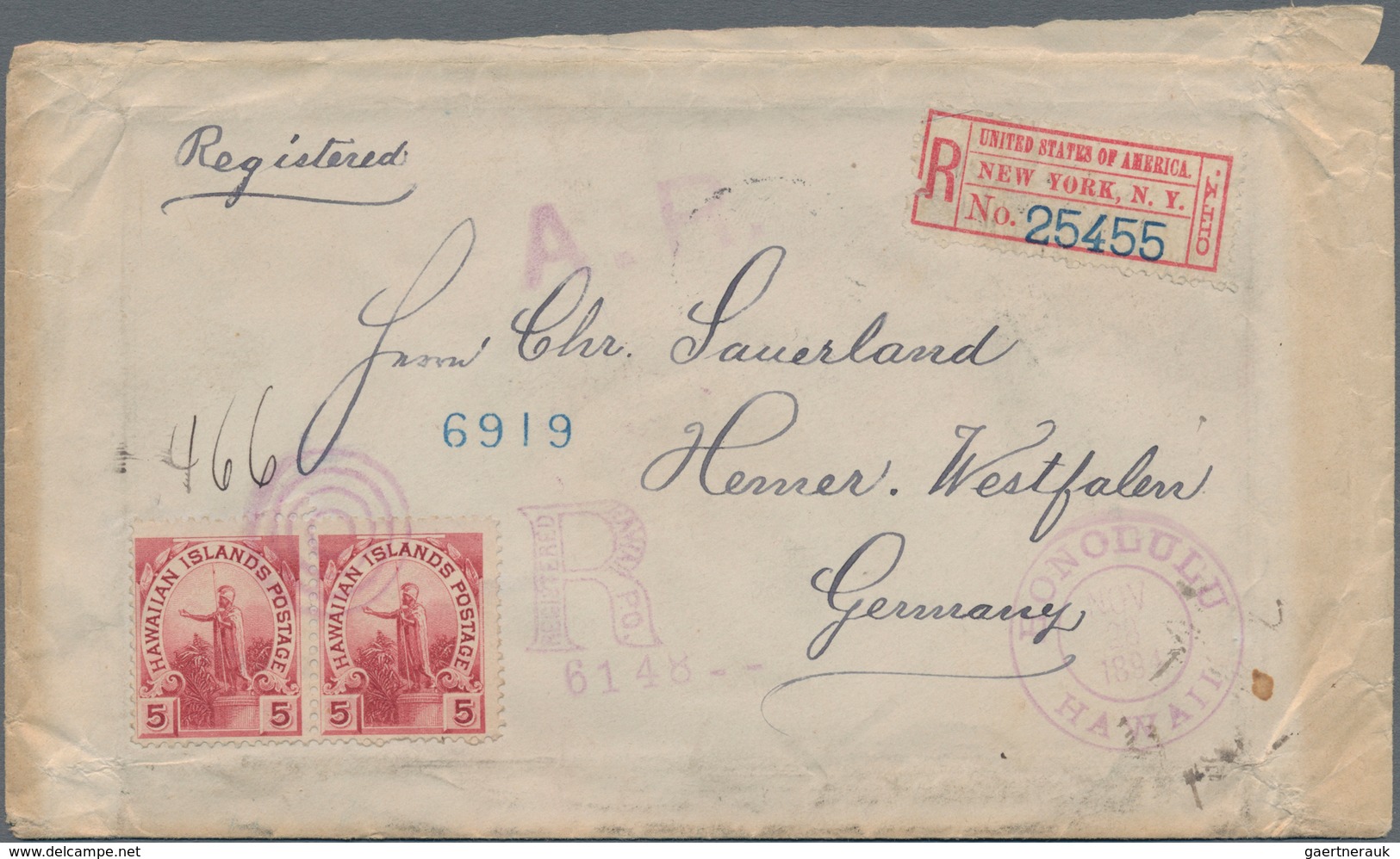 Hawaii: 1894 Registered + Advice Of Receipt Cover From Honolulu To Hemer, Germany Via San Francisco - Hawaï