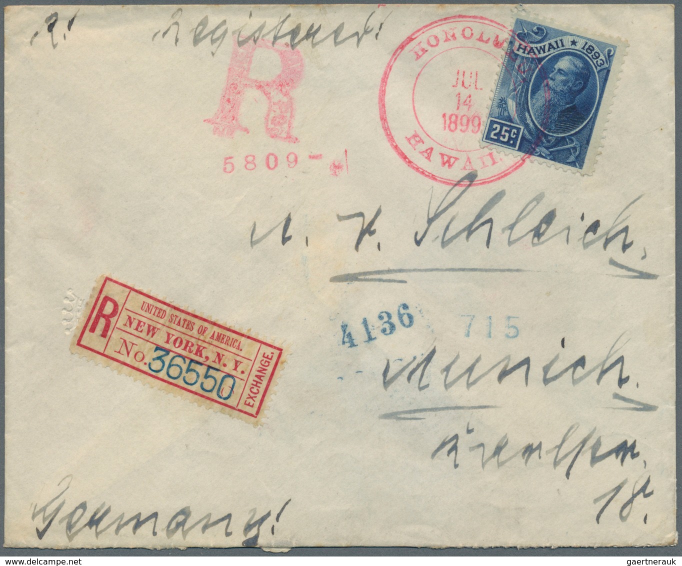 Hawaii: 1894, 25 C President S.B.Dole Deep-blue On Registered Envelope Sent From"HONOLULU JUL 14 189 - Hawaï
