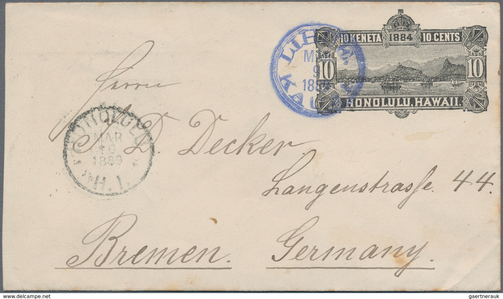 Hawaii - Ganzsachen: 1884, Stationery Envelope 10 C Black In Size 151/86 Mm Tied By Blue Cds "LIHUE - Hawaï
