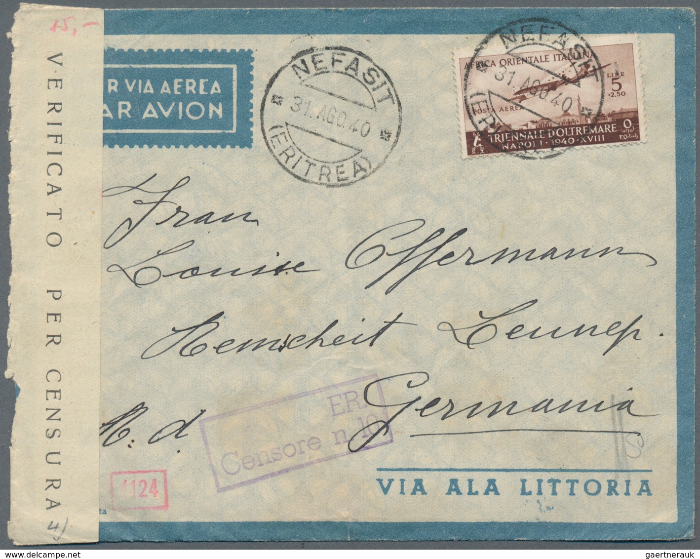 Italienisch-Ostafrika: 1940, 5 L + 2,50 L Brown, Single Franking On Preprinted Airmail Cover 'Via Al - Italienisch Ost-Afrika