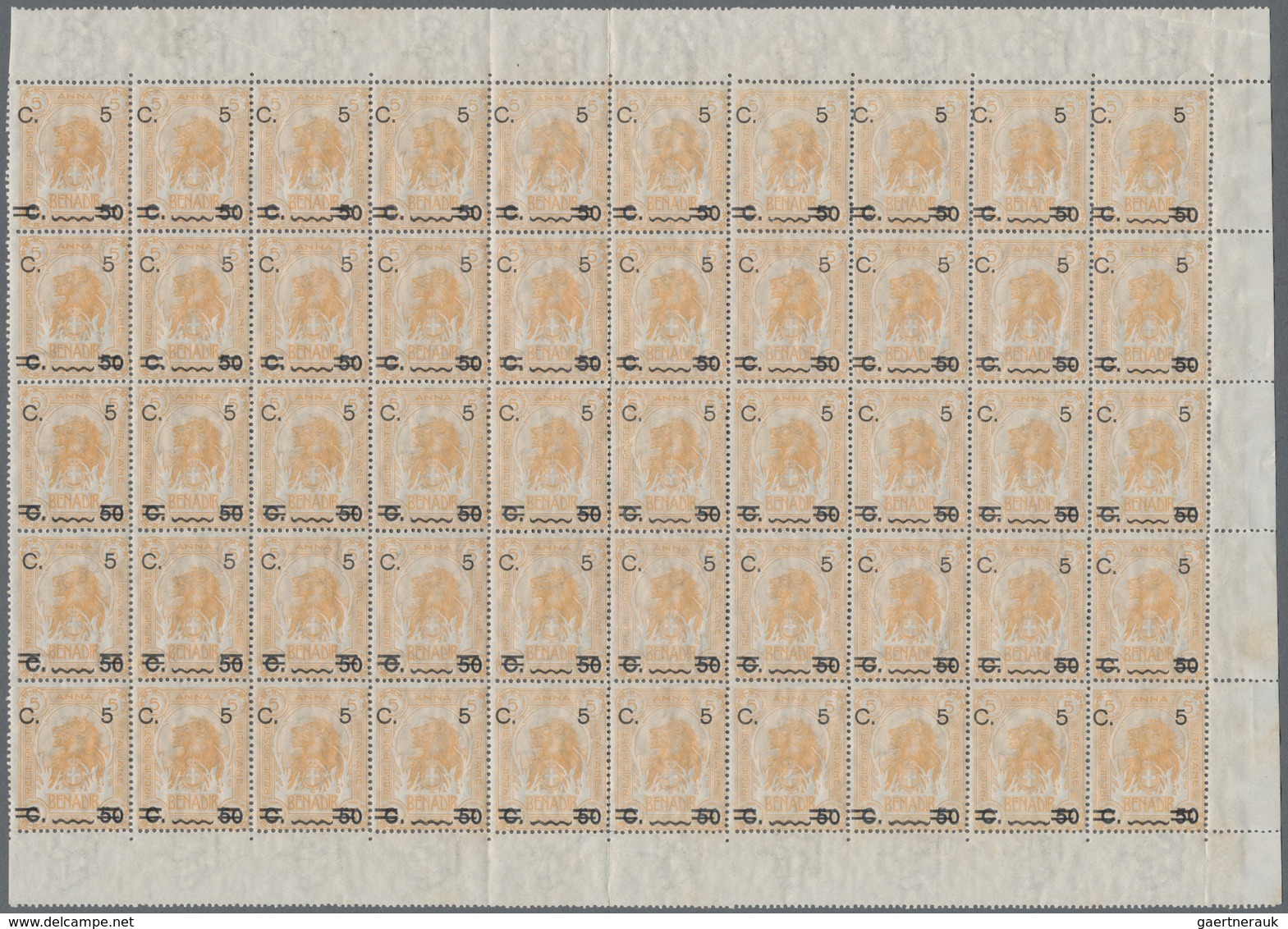 Italienisch-Somaliland: 1916. 5 C On 50 C On 5 A Light Yellow Orange. 5 Anna Light Orange Benadir Li - Somalië