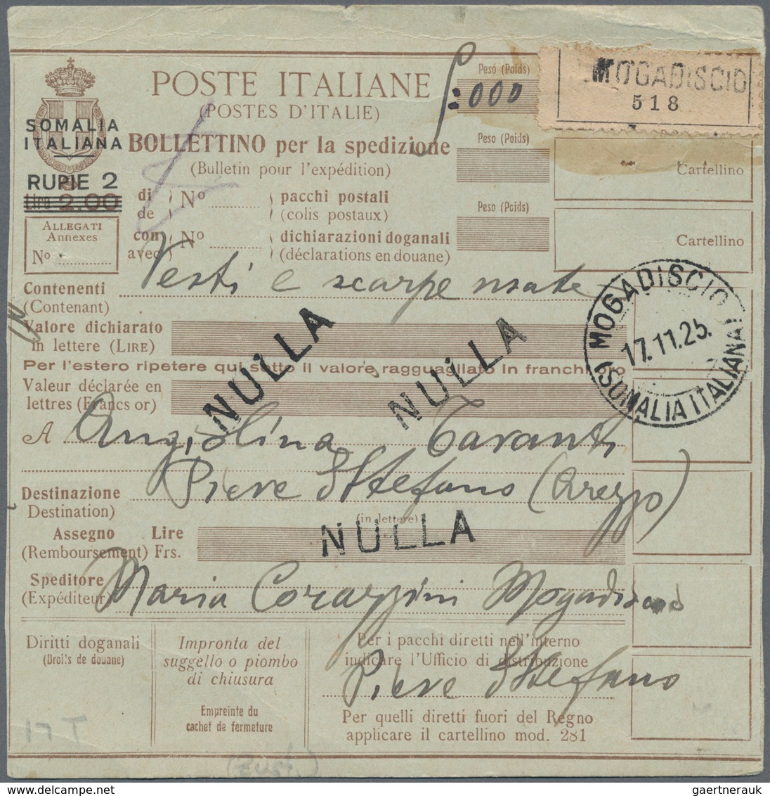 Italienisch-Somaliland: 1923, 2 Rupie On 2 L Pastal Card, Send From Mogadiscio To Santa Stefano Near - Somalië