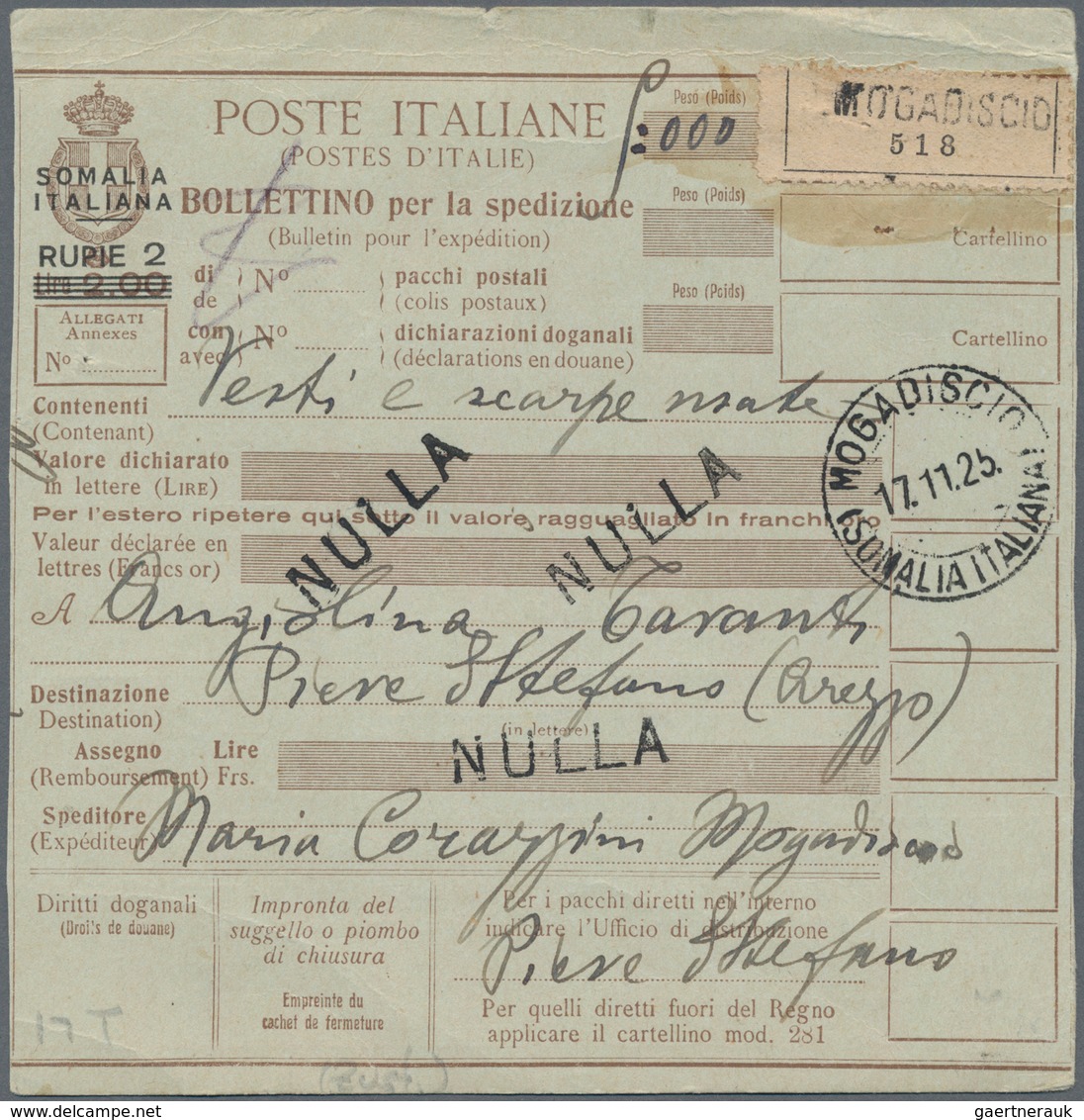 Italienisch-Somaliland: 1923, 2 Rupie On 2 L Pastal Card, Send From Mogadiscio To Santa Stefano Near - Somalia