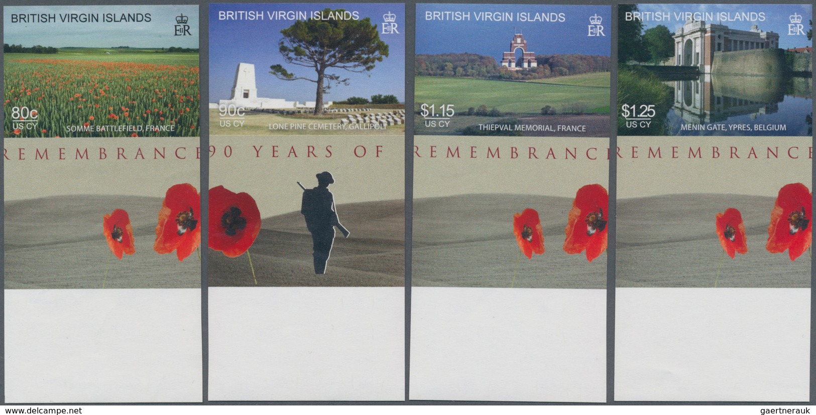 Jungferninseln / Virgin Islands: 2008, 90 Years End Of WWI Complete IMPERFORATE Set Of Six Showing B - British Virgin Islands