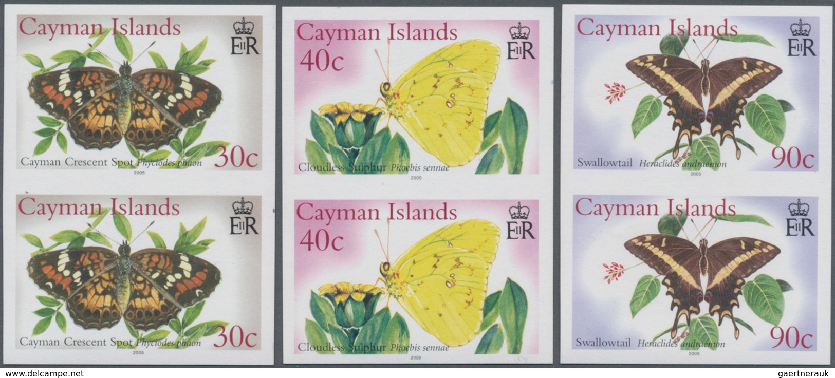 Kaiman-Inseln / Cayman Islands: 2005, Butterflies Complete Set Of Six In Vertical IMPERFORATE Pairs, - Kaaiman Eilanden