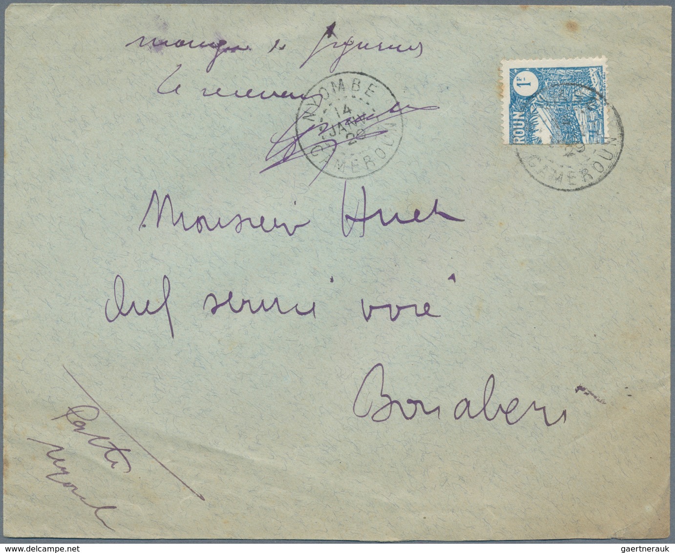 Kamerun: 1929 BISECTED 1 FRANC Cancelled By "NYOMBÉ 14. JANV. 29" Cds On Cover To Bonaberi. Manuscri - Kameroen (1960-...)