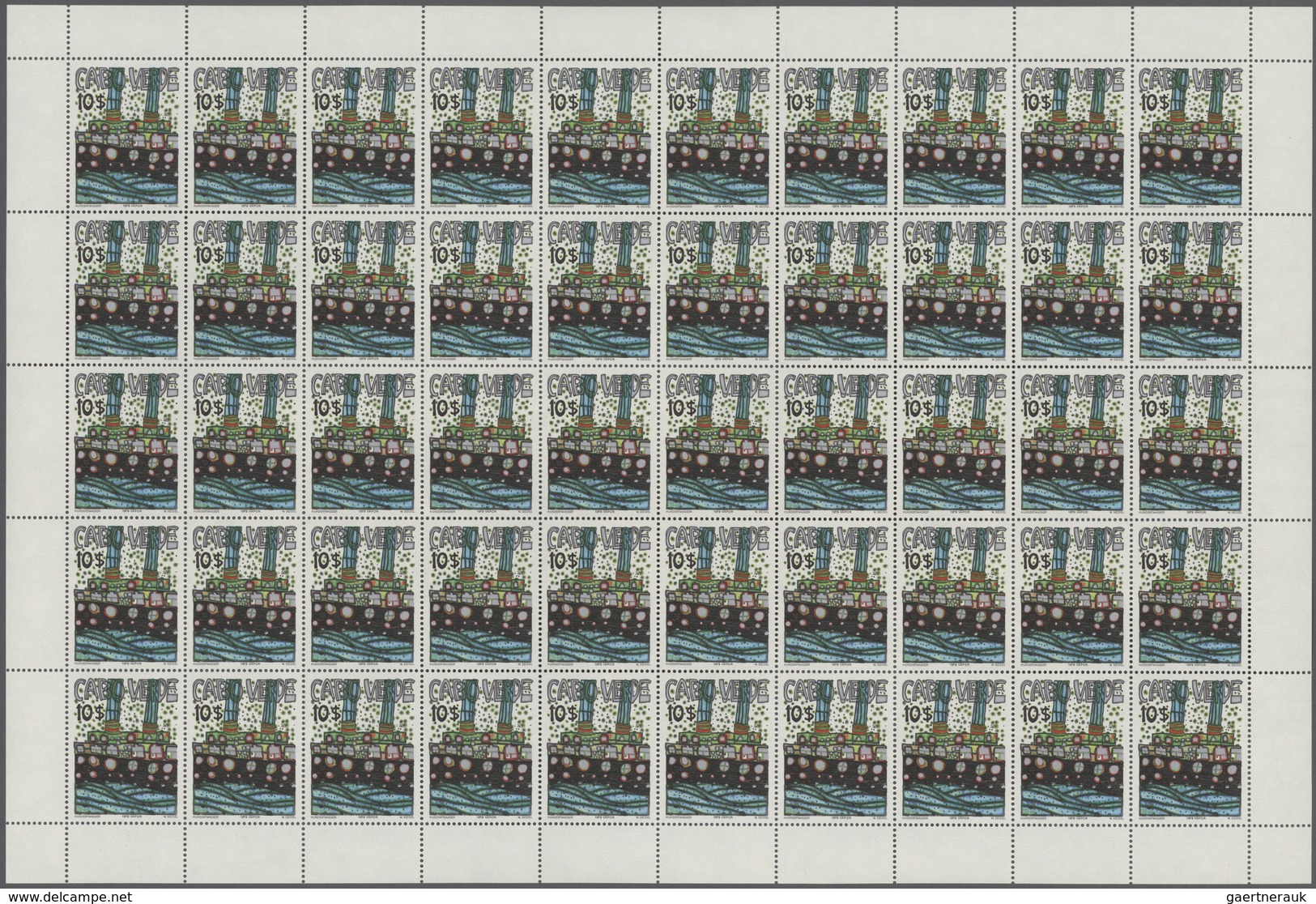 Kap Verde: 1982, Hundertwasser, Not Issued $10, Complete (unfolded) Sheet Of 50 Stamps, Mint Never H - Kaapverdische Eilanden