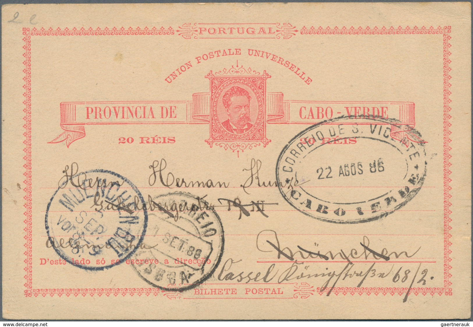 Kap Verde: 1886, 20 R. Stationery Card With Oval "CORREO DE S. VICENTE" Mark Sent Via Lisboa To Muni - Kap Verde