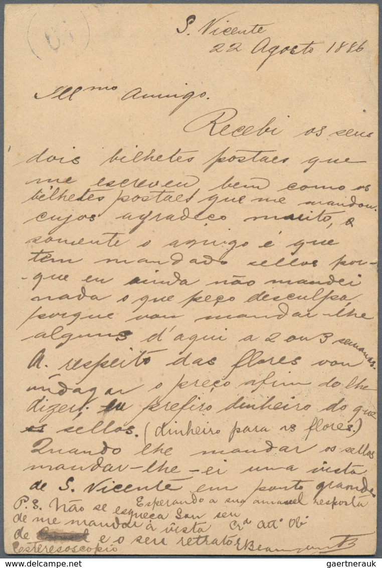 Kap Verde: 1886, 20 R. Stationery Card With Oval "CORREO DE S. VICENTE" Mark Sent Via Lisboa To Muni - Kaapverdische Eilanden