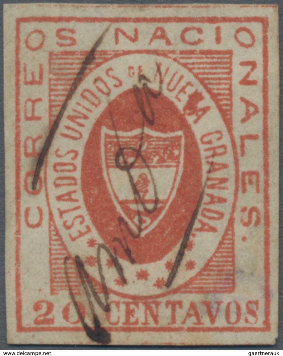 Kolumbien: 1861, New Granada 20 C. Red, 4-margins, Plate Flaw "V Of NUEVA Erased", Used Manuscript " - Colombia