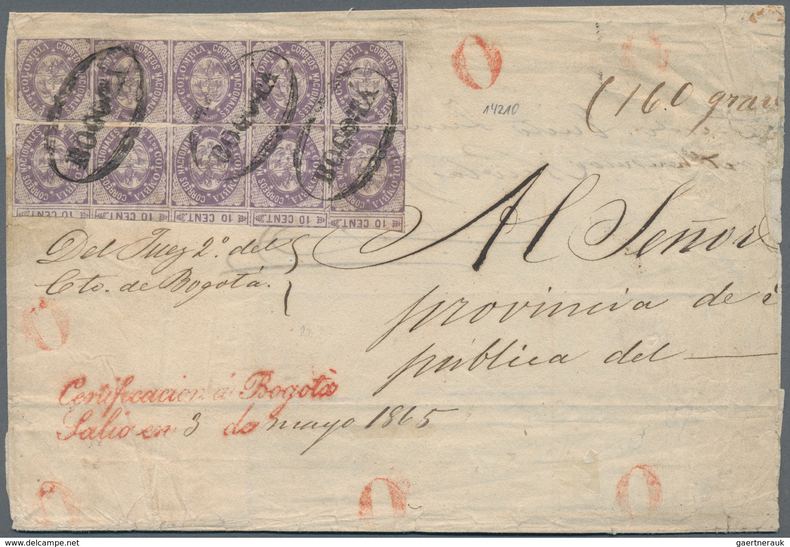 Kolumbien: 1865, 10c Violet Two Stripes Of Five On Letter From Bogota To Quito Cancelled With Oval P - Colombia