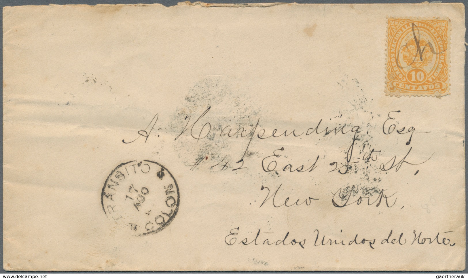 Kolumbien: 1884/1886, group of 4 covers, each with single franking 10 C orange on yellow "coat of ar