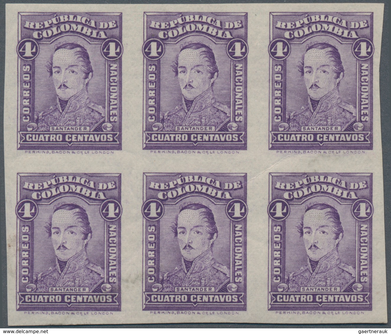 Kolumbien: 1917, 4 C Violet Imperforated In Block Of Six, Mint Never Hinged - Kolumbien