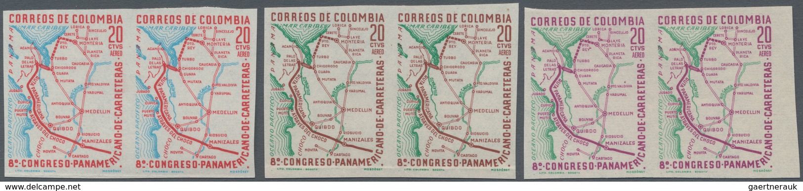 Kolumbien: 1961, Map Of Pan-American Highway 20 Ctvs. Airmail, Lot Proofs In 7 Imperforated Pairs, D - Kolumbien